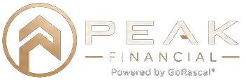 Peak Financial logo — circular gold emblem, angular PEAK lettering, Financial wordmark